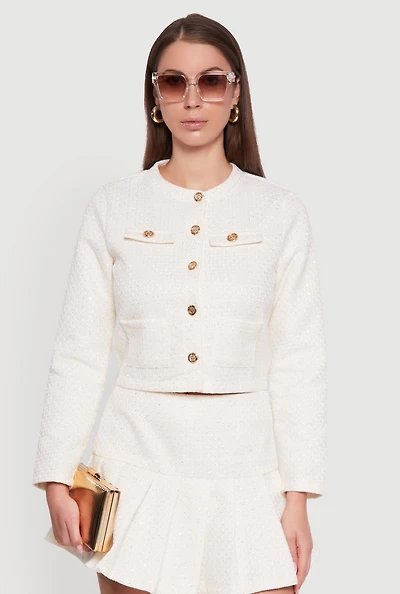 Womens Tweed Flap Pocket Cropped Button Front Blazer, White, Size XL