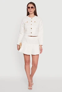 Womens Tweed Flap Pocket Cropped Button Front Blazer, White, Size XL