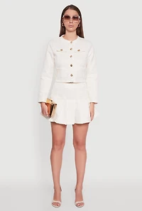 Womens Tweed Flap Pocket Cropped Button Front Blazer, White, Size XL