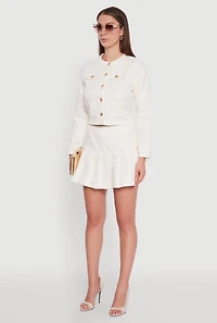 Womens Tweed Flap Pocket Cropped Button Front Blazer, White, Size XL