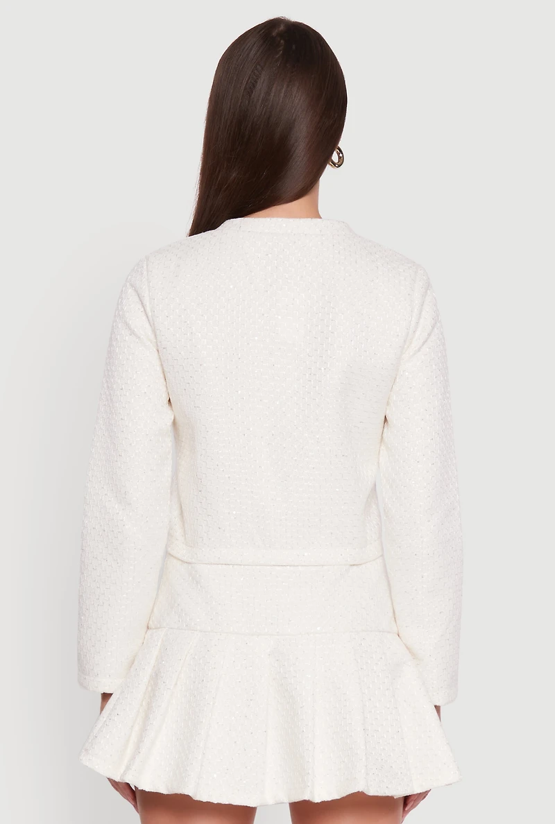 Womens Tweed Flap Pocket Cropped Button Front Blazer, White, Size XL