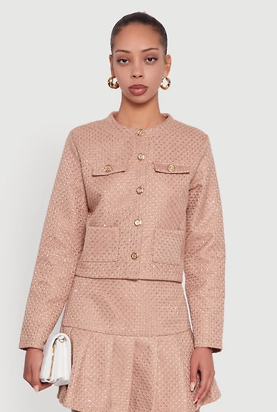 Womens Tweed Flap Pocket Cropped Button Front Blazer, Brown, Size XL