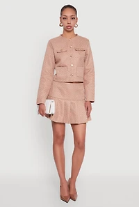 Womens Tweed Flap Pocket Cropped Button Front Blazer, Beige, Size M