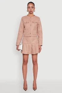 Womens Tweed Flap Pocket Cropped Button Front Blazer, Beige, Size M