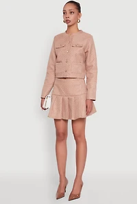 Womens Tweed Flap Pocket Cropped Button Front Blazer, Beige, Size M