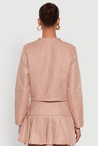 Womens Tweed Flap Pocket Cropped Button Front Blazer, Beige, Size M