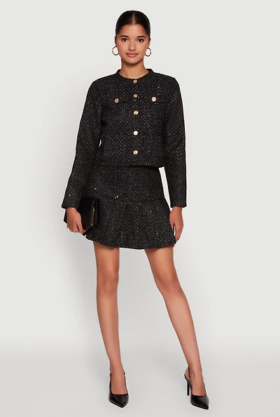 Womens Tweed Pleated Mini Skirt, Black,