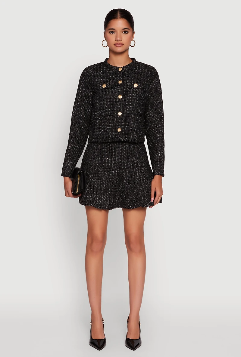 Womens Tweed Pleated Mini Skirt, Black,