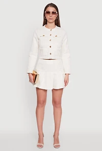 Womens Tweed Pleated Mini Skirt, White, Size L