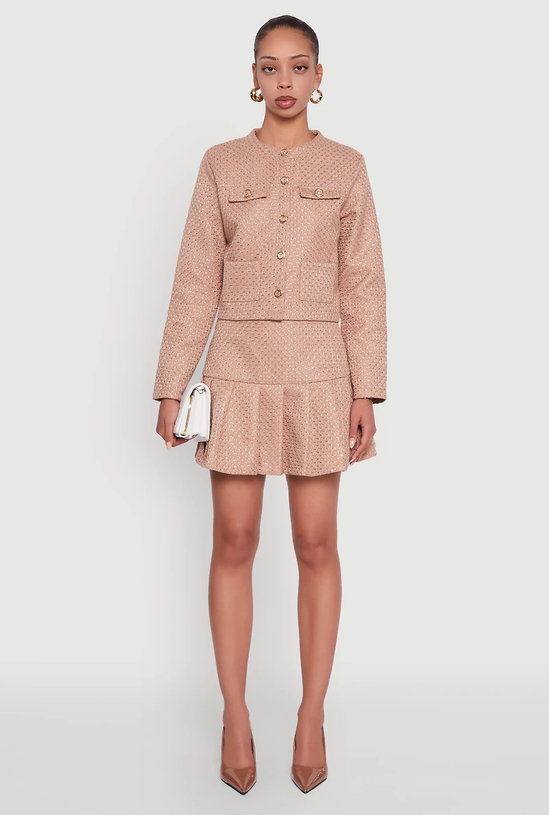 Womens Tweed Pleated Mini Skirt, Khaki, Size L