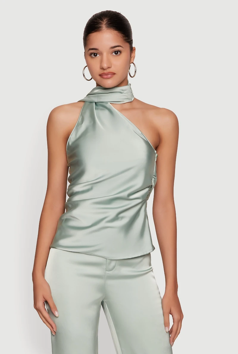 Satin Ruched Scarf Neck Asymmetrical Blouse