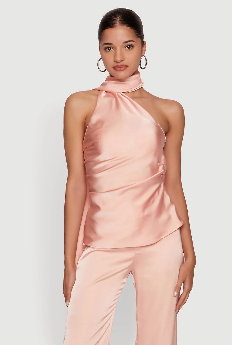 Satin Ruched Scarf Neck Asymmetrical Blouse