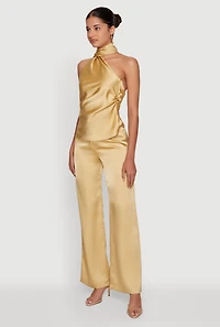 Satin Ruched Scarf Neck Asymmetrical Blouse