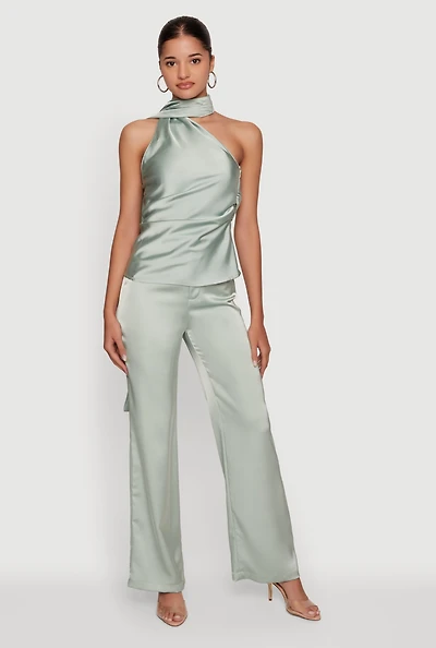 Satin Zip Front High Waisted Dress Pants