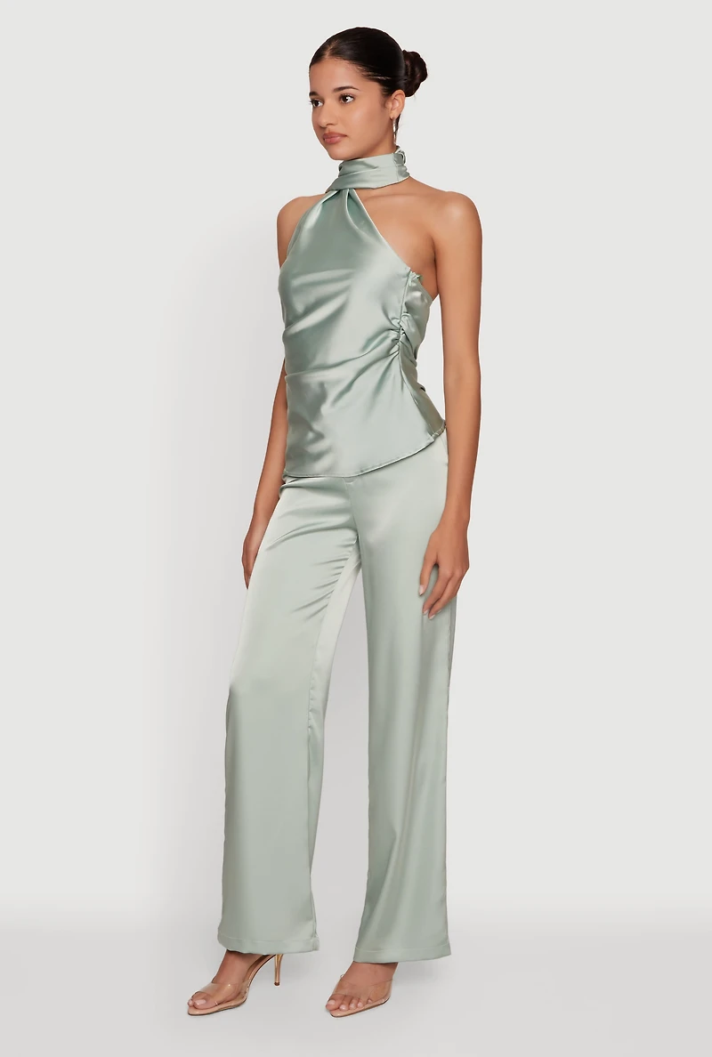 Satin Zip Front High Waisted Dress Pants