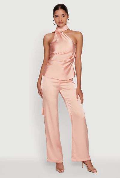 Satin Zip Front High Waisted Dress Pants