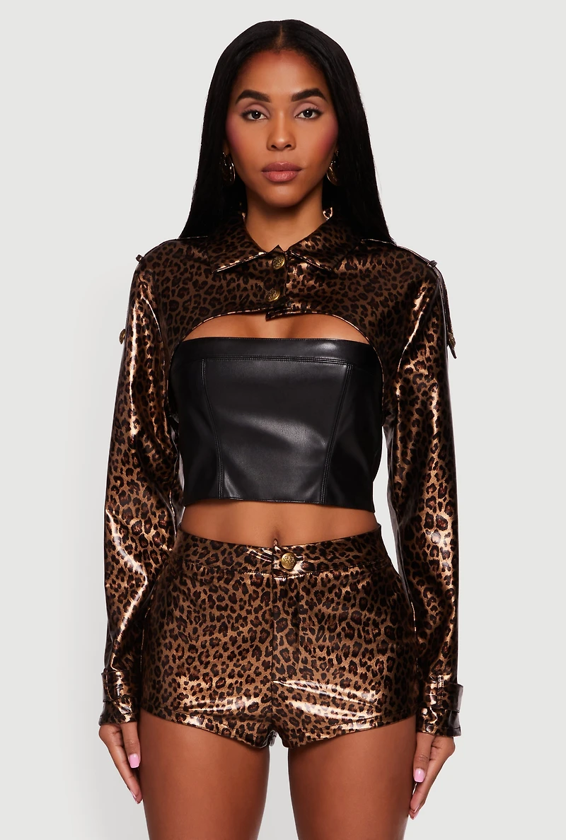Leopard Print Faux Leather Button Front Bolero