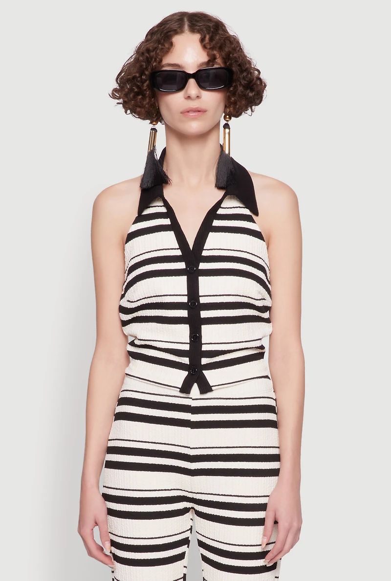 Womens Textured Knit Striped Cropped Halter Top, Multi, Size M