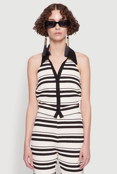 Textured Knit Striped Cropped Halter Top