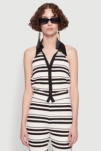 Textured Knit Striped Cropped Halter Top