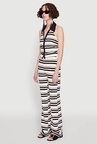 Womens Textured Knit Striped Cropped Halter Top, Multi, Size M