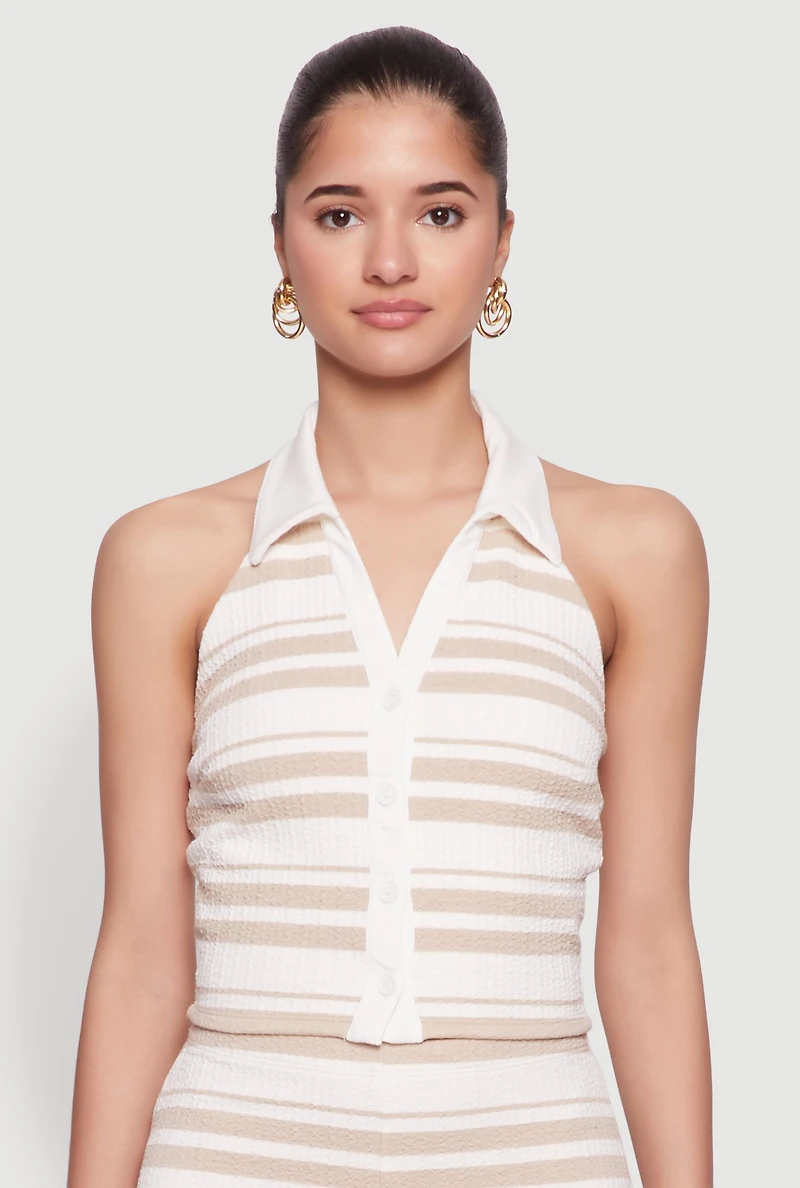 Womens Textured Knit Striped Cropped Halter Top, L