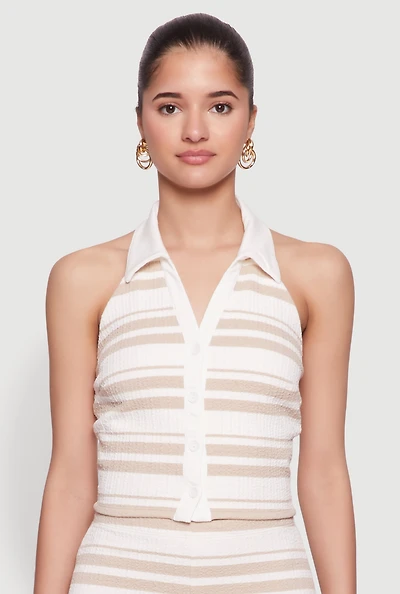 Womens Textured Knit Striped Cropped Halter Top, L