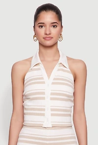 Womens Textured Knit Striped Cropped Halter Top, L