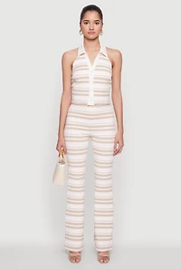 Womens Textured Knit Striped Cropped Halter Top,