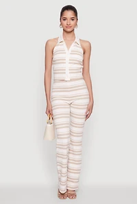 Womens Textured Knit Striped Cropped Halter Top,