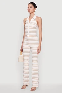 Womens Textured Knit Striped Cropped Halter Top,