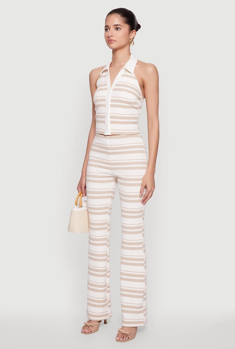 Womens Textured Knit Striped Cropped Halter Top, Beige, Size L