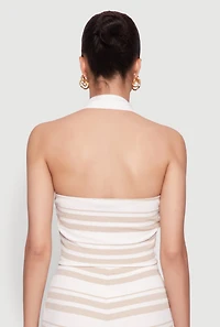 Womens Textured Knit Striped Cropped Halter Top, L