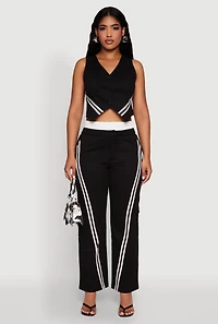 Womens Varsity Stripe Button Front Cropped Blazer Vest, Black, Size M