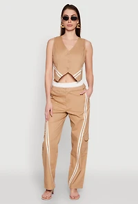 Womens Varsity Stripe Button Front Cropped Blazer Vest, Beige,