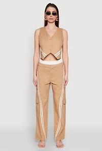 Womens Varsity Stripe Button Front Cropped Blazer Vest, Beige,
