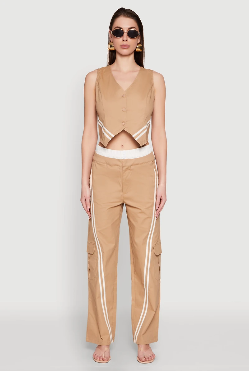 Womens Varsity Stripe Button Front Cropped Blazer Vest, Beige, Size S