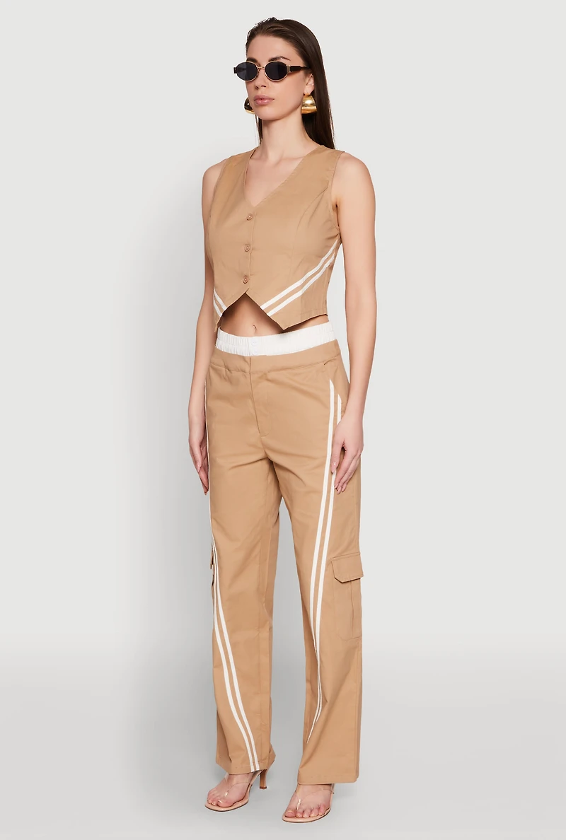 Womens Varsity Stripe Button Front Cropped Blazer Vest, Beige, Size S