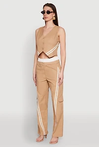 Womens Varsity Stripe Button Front Cropped Blazer Vest, Beige, Size S