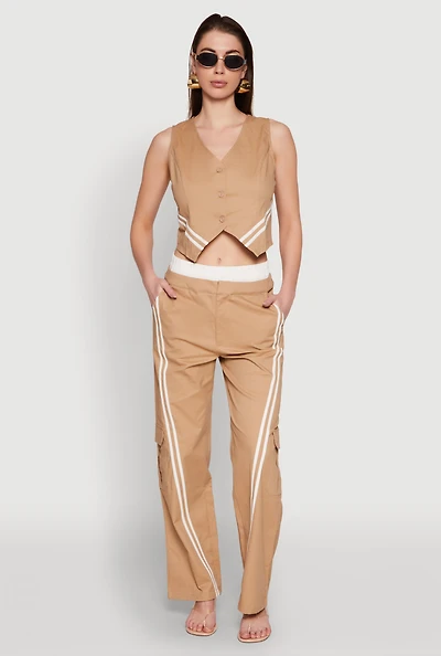 Womens Varsity Stripe Cargo Pants, Khaki, Size L