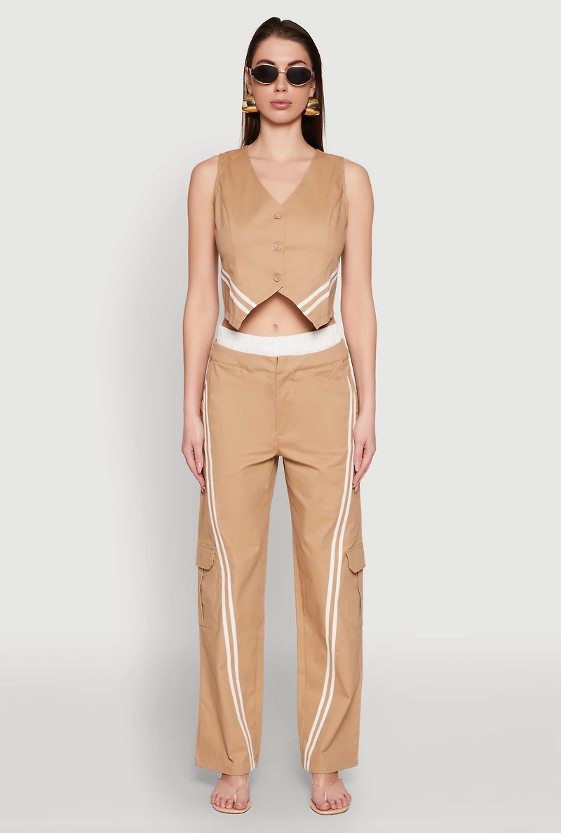 Womens Varsity Stripe Cargo Pants, Khaki, Size L