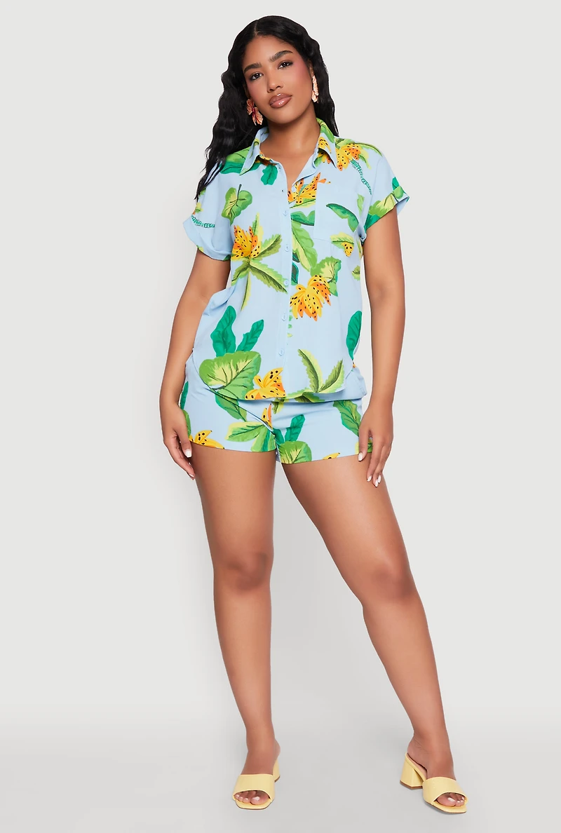 Womens Banana Tropical Print Fixed Cuff Shirt, Multi,
