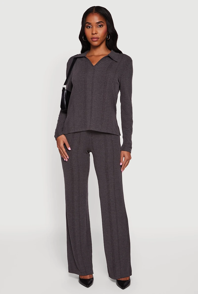 High Waisted Ribbed Knit Straight Leg Pants