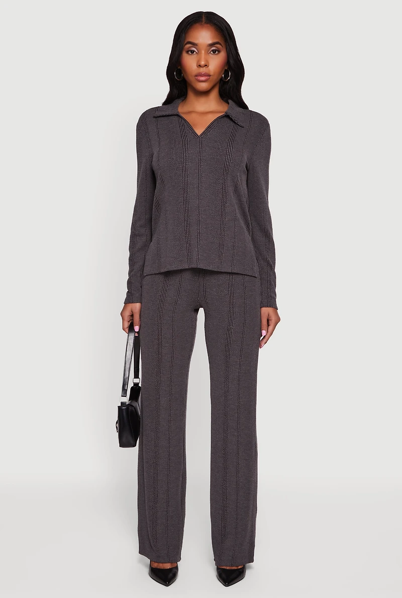 High Waisted Ribbed Knit Straight Leg Pants