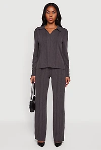 High Waisted Ribbed Knit Straight Leg Pants