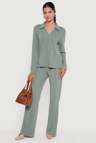 High Waisted Ribbed Knit Straight Leg Pants