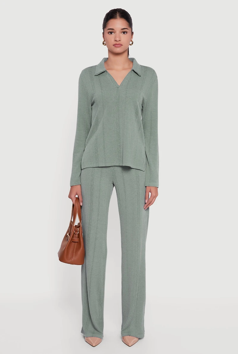 High Waisted Ribbed Knit Straight Leg Pants