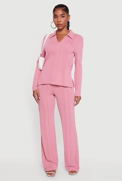 Womens High Waisted Ribbed Knit Straight Leg Pants, Pink, Size XL