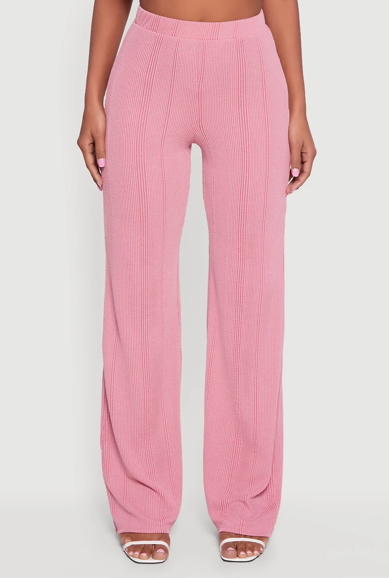 Womens High Waisted Ribbed Knit Straight Leg Pants, Pink, Size XL