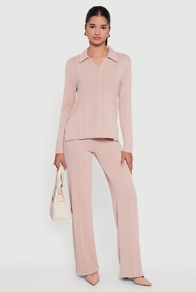 Womens High Waisted Ribbed Knit Straight Leg Pants, Khaki, Size L